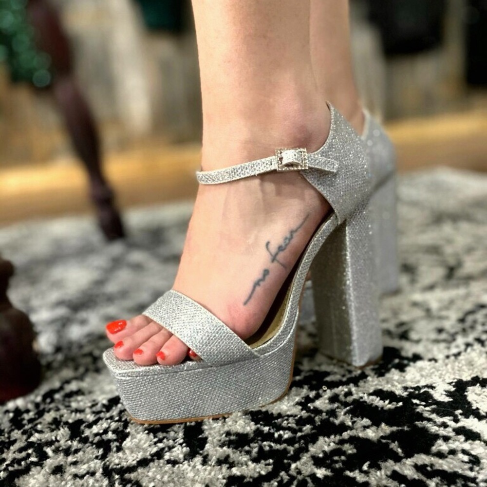 Silver Open To Ankle Strap Platform Block Heel